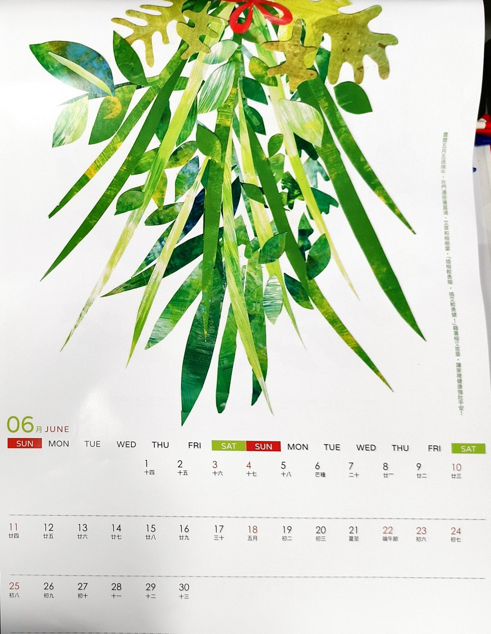6月：端午節家家戶戶門前掛上艾草與菖蒲，除了避邪，也祈求家人平安、健康。