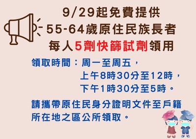 9月29日起免費提供55至64歲原住民長者快篩試劑
