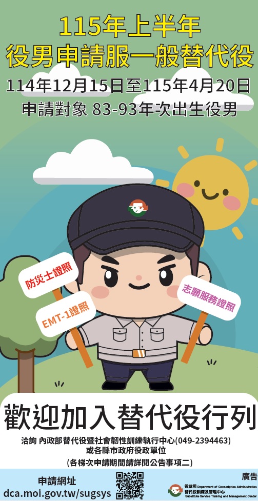 115年上半年役男申請服一般替代役