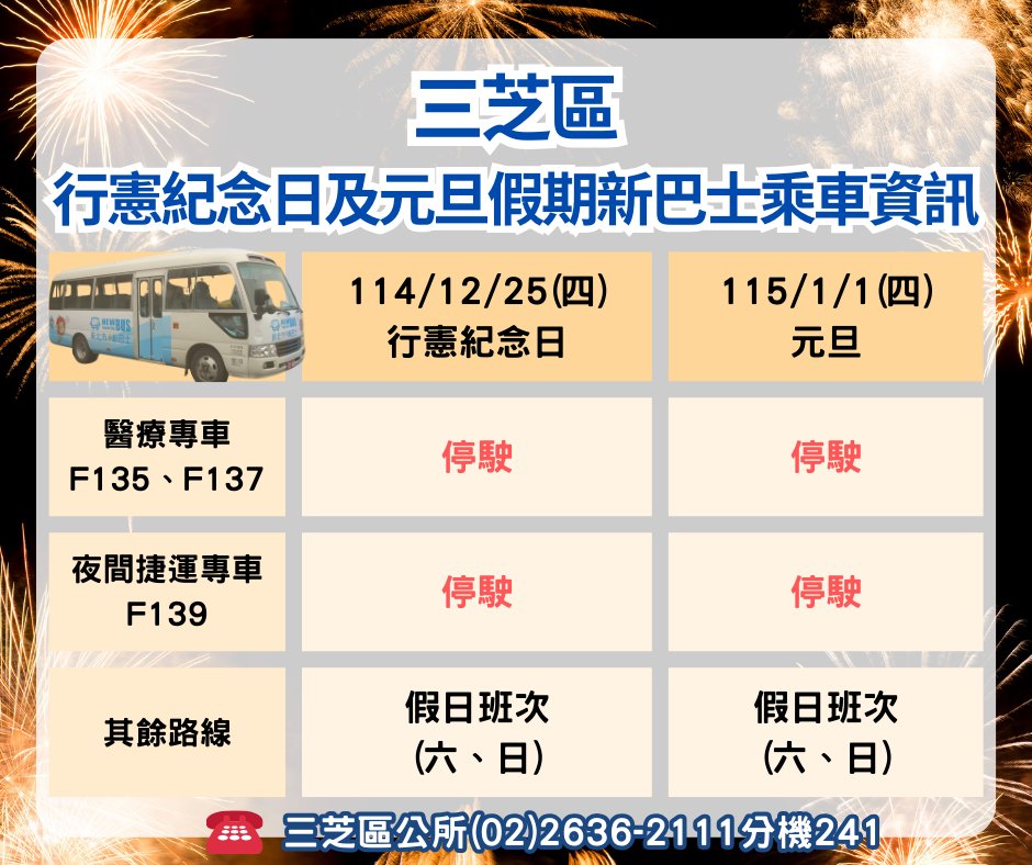 行憲紀念日及元旦假期新巴士服務資訊公告