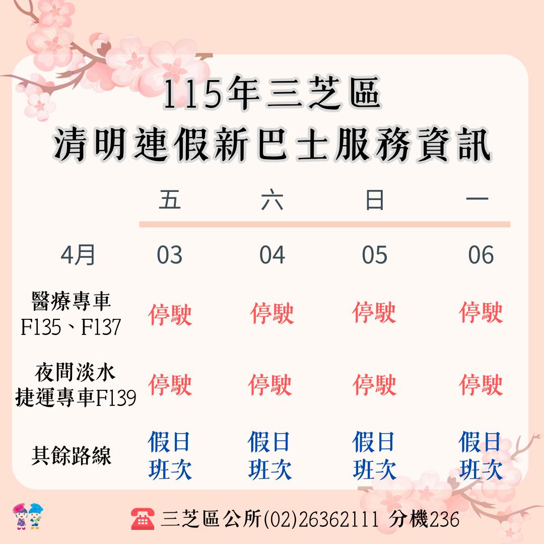 115年清明節連假新巴士服務資訊