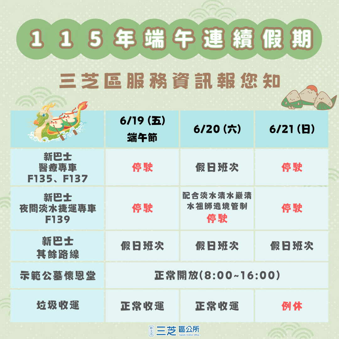 115年端午連假各項服務時間