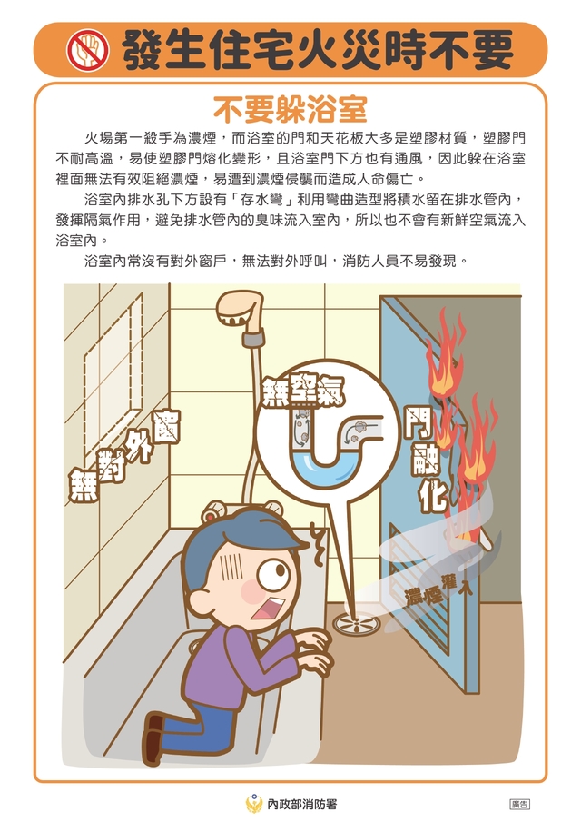 發生住宅火災時，勿躲在浴室或廁所內避難