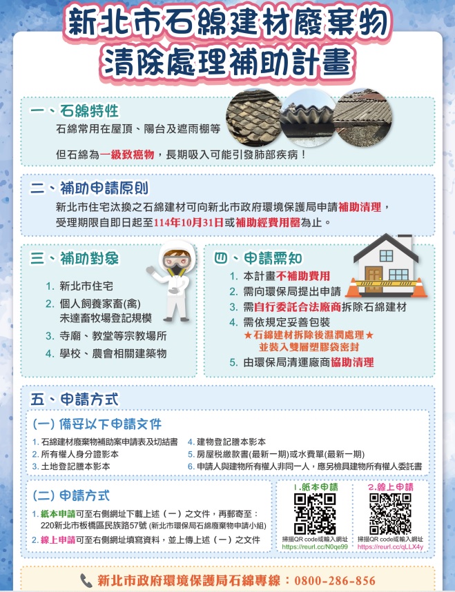 新北市石綿建材廢棄物清除處理補助計畫(另開視窗)