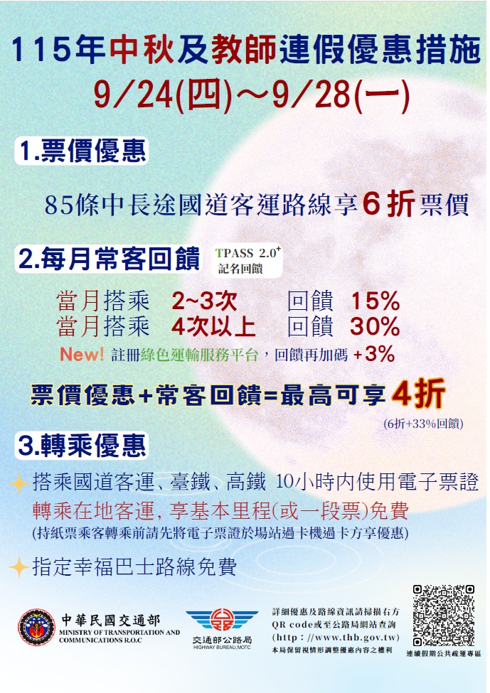 115年中秋及教師節連假搭乘公共運輸各項優惠措施(另開視窗)