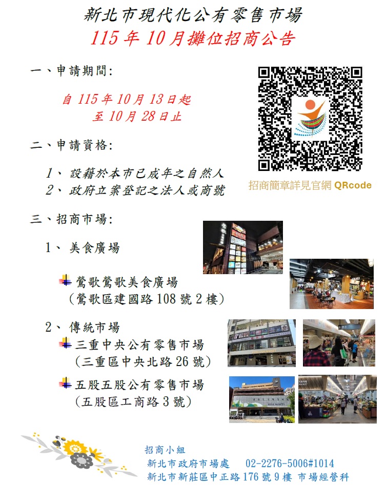 115年10月公有零售市場攤位招商(另開視窗)