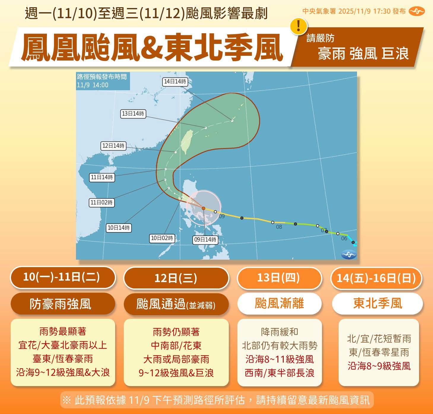 中度颱風鳳凰(國際命名FUNG-WONG)預測11月11日至12日最接近台灣