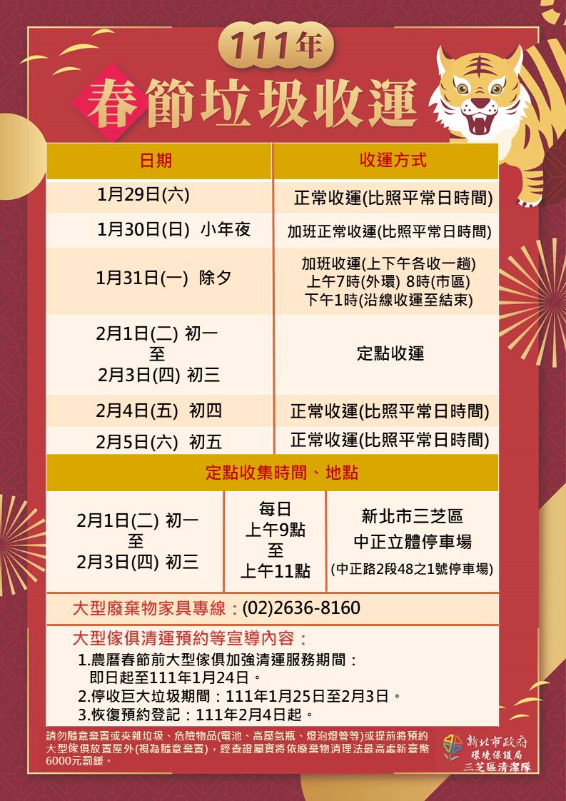 三芝區111春節期間垃圾清運措施宣傳-海報